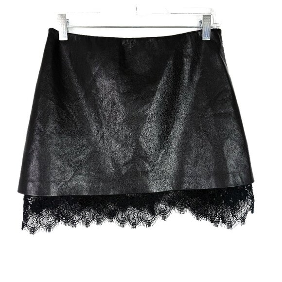 Alice + Olivia Rubi Vegan Leather Lace-Trim Mini Skirt in Black Size 2 EUC - Picture 2 of 13